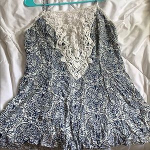 Blue and White Printed Romper with Crochet front